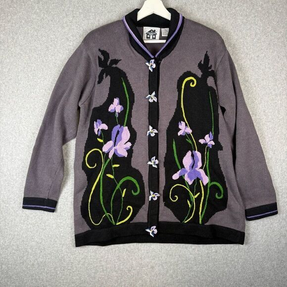 Storybook Knits Womens Large Button Front Iris Cardigan Sweater Lilac Floral - Picture 1 of 8